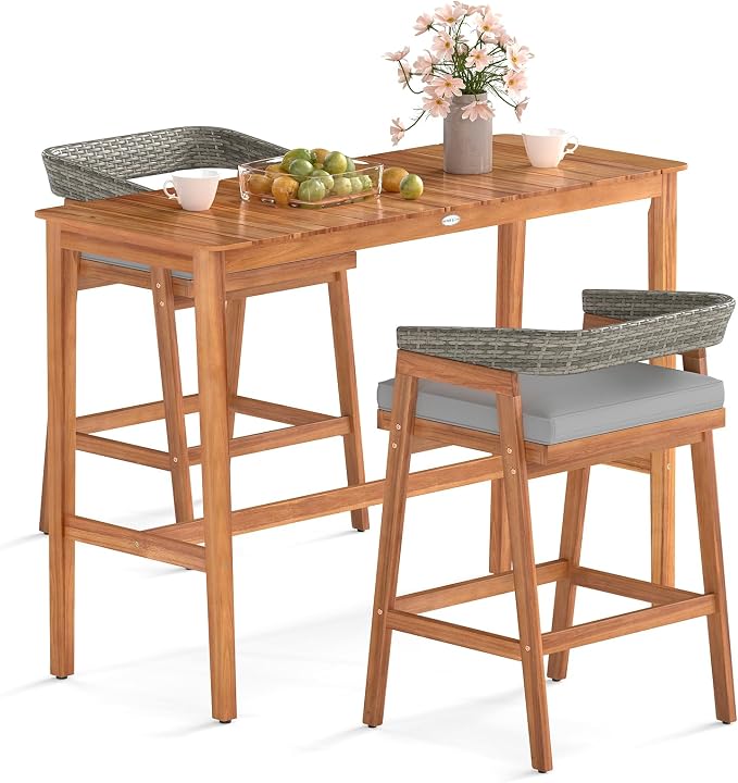 Tangkula 3 Piece Patio Bar Set, Outdoor Acacia Wood Counter Height Table by TANGKULA