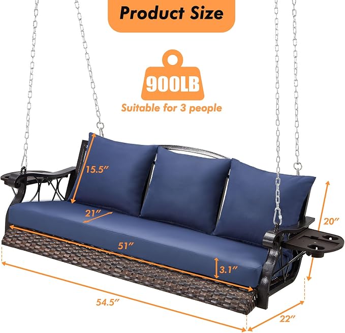 3-Person Wicker Porch Swing Chair Heavy Duty 900 LBS Outdoor Rattan Patio Swing - Image 6