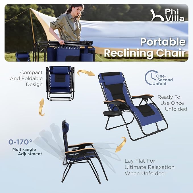 PHI VILLA XXL Oversized Padded Zero Gravity Chair, Foldable Patio Recliner - Image 9