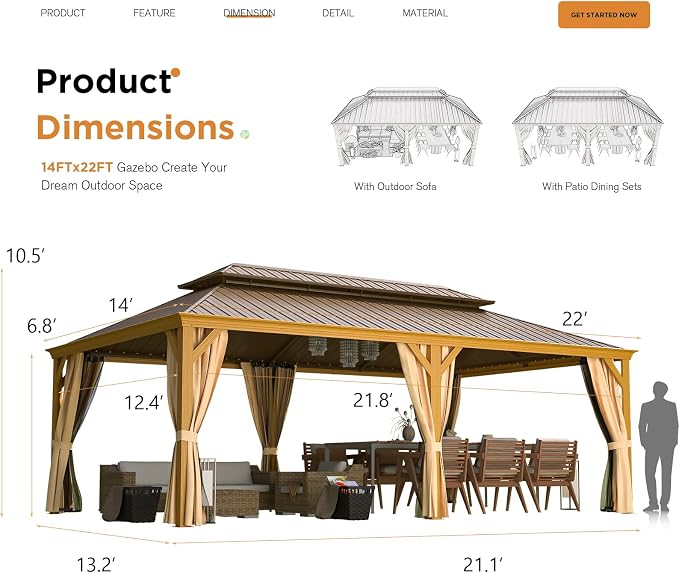 EROMMY 14'x22' Hardtop Gazebo, Galvanized Steel Double Roof - Image 2