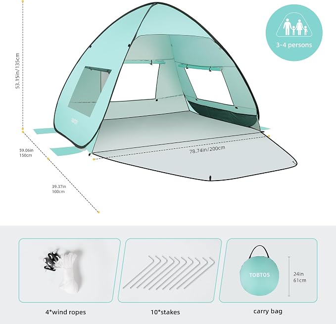 TOBTOS UPF 50+ Pop Up Beach Tent, Easy Set Up Beach Umbrella, Sun Shelter - Image 2