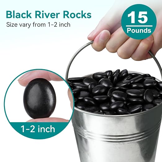 15 lbs Black Rocks for Planters, Polished Garden Stones for Outdoor Landscaping - Image 2