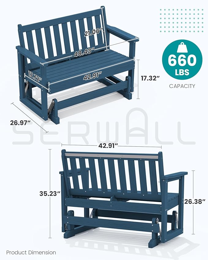 SERWALL Outdoor HDPE Glider Bench, All Weather Swinging Bench - Image 2