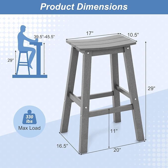 Tangkula Patio Bar Stool Set of 2, 29 Inch HDPE Bar Height Armless Saddle - Image 3