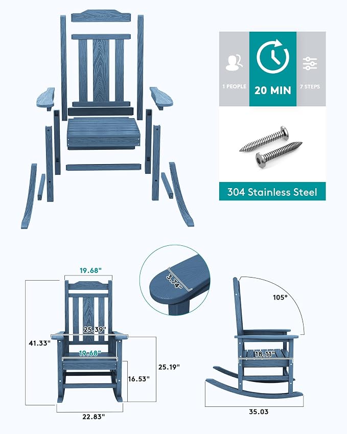 SERWALL Blue Outdoor Rocking Chair Set of 2, All Weather Patio Rocking Chair - Image 5