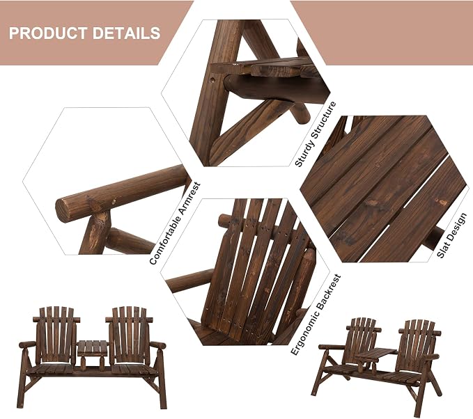 Outsunny 2-Seat Wooden Adirondack Chair, Patio Bench - Image 4