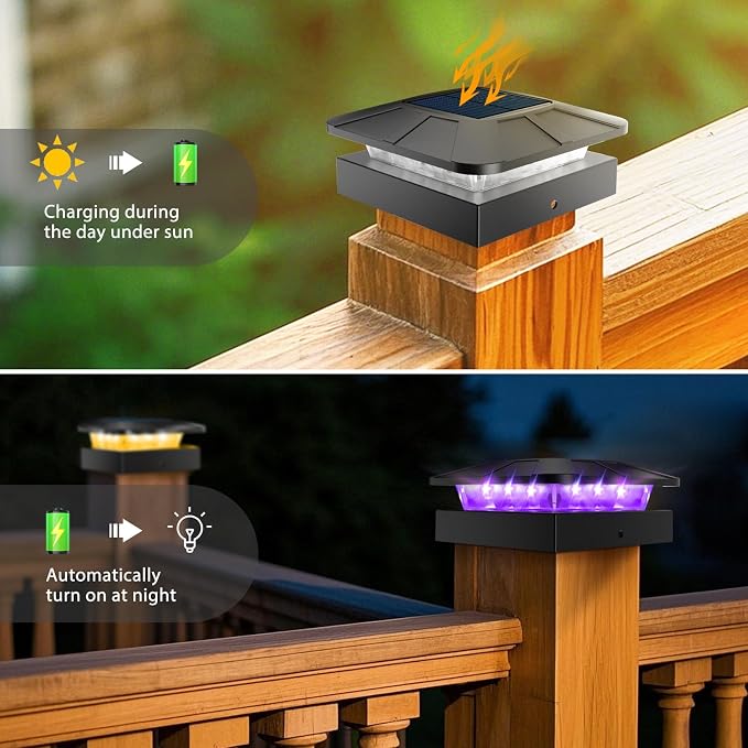 Peasur 4x4 Solar Post Lights Outdoor, 4 Packs Purple & Warm White LED Fence - Image 5
