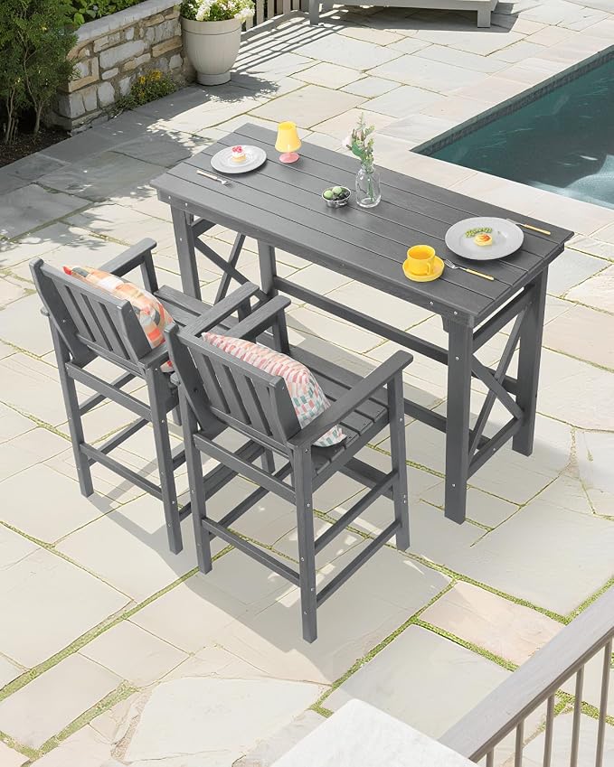 3 Pieces HDPE Outdoor Patio Bar Set, Rectangular Bar Height Table and Chairs Set - Image 8