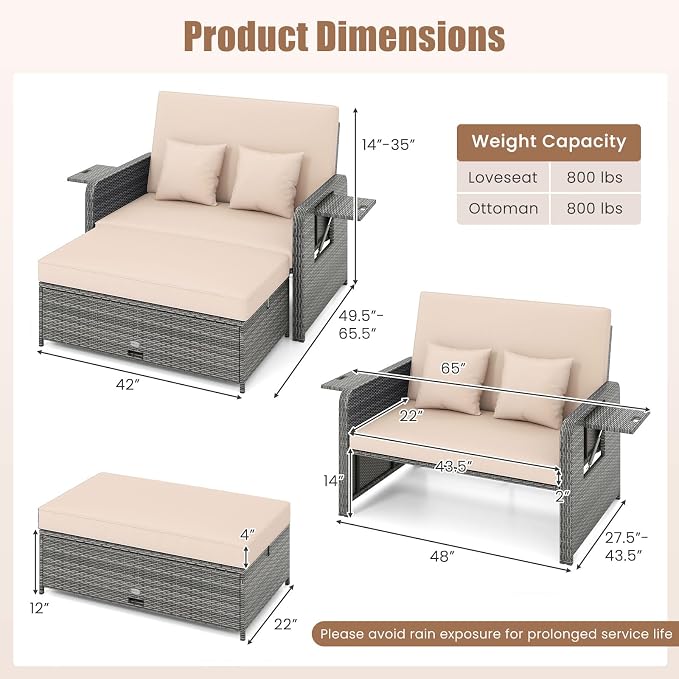 LDAILY Moccha Outdoor Daybed, Wicker Loveseat Sofa Set - Image 9