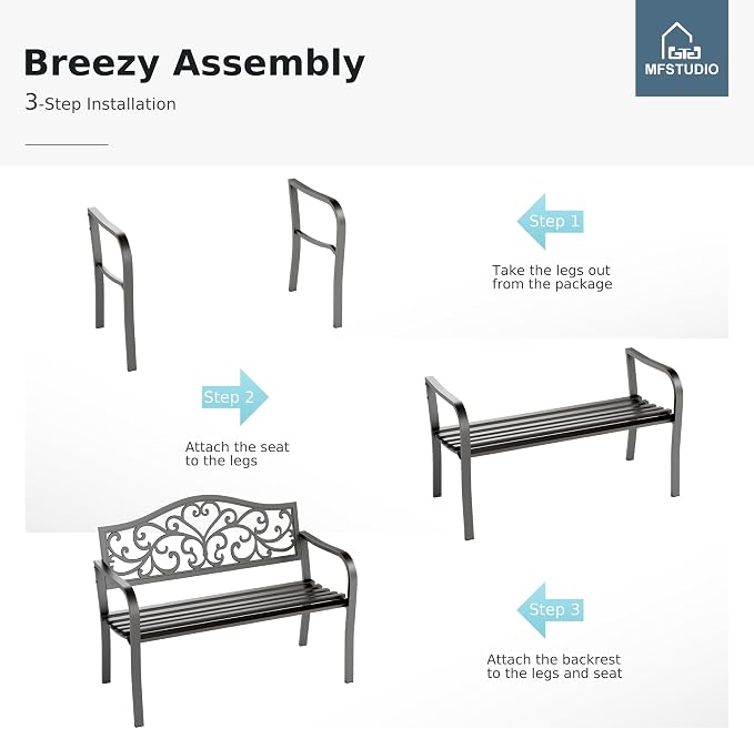 MFSTUDIO Outdoor Metal Bench Set of 2, Garden Patio 43.7 Inches Cast Iron Metal - Image 6