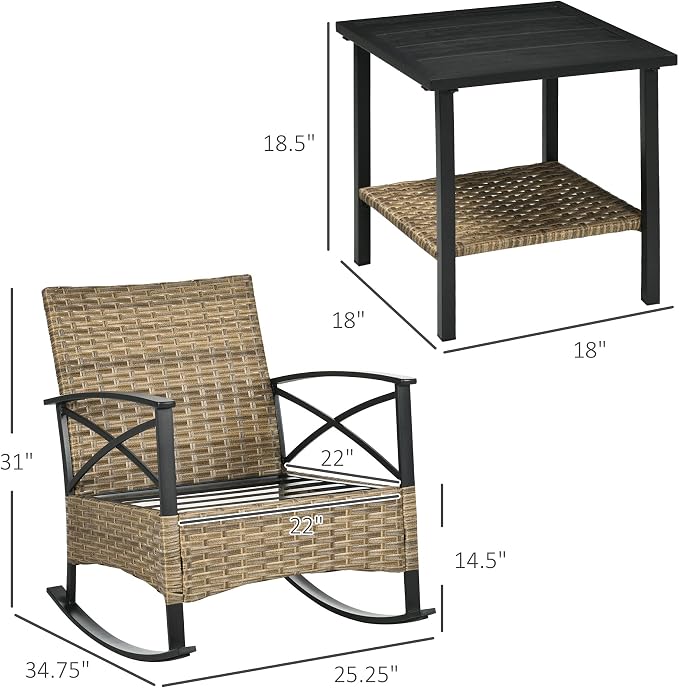 Outsunny 3 Piece Patio Rocking Chair Set, Outdoor Wicker Bistro Set - Image 7