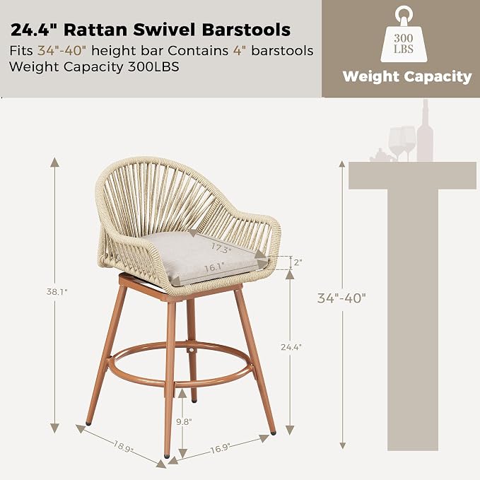 24” Outdoor Swivel Bar Stools Set of 2, Counter Height Bar Stools - Image 2