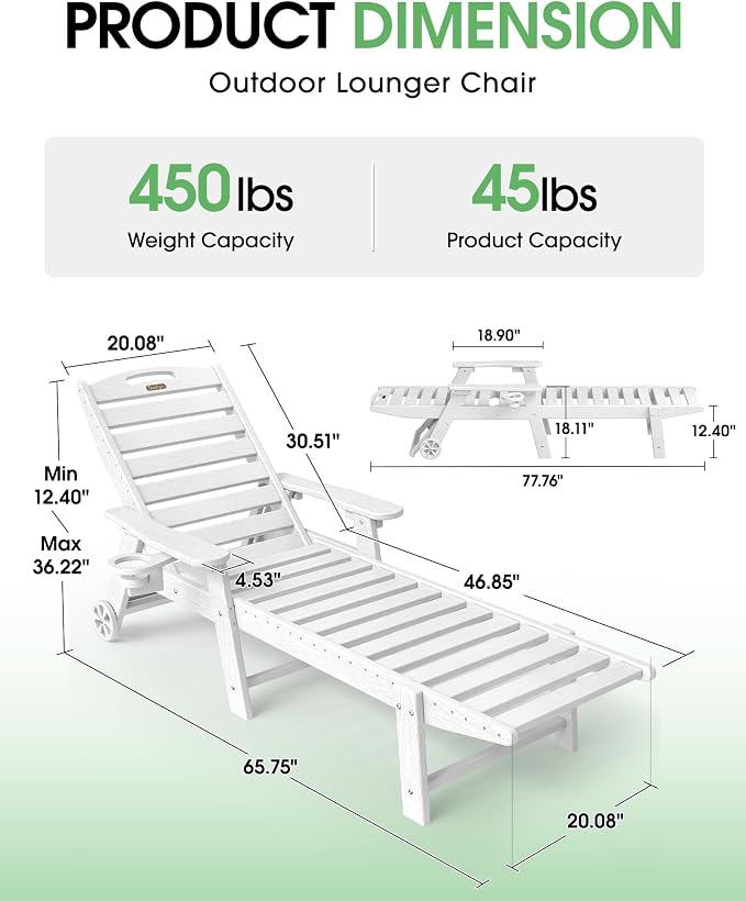 Lounge Chair Outdoor Set of 2, HDPE Chaise Lounge Outdoor, Pool Lounge Chair - Image 2