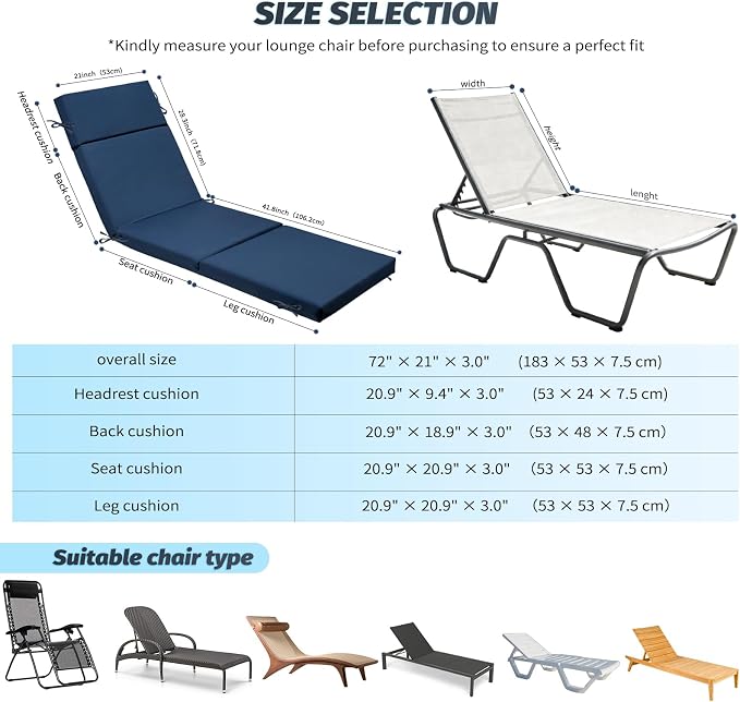 Outdoor Chaise Lounge Cushion 72" x 21" x 3", 4-Section Folding Patio Lounge - Image 3
