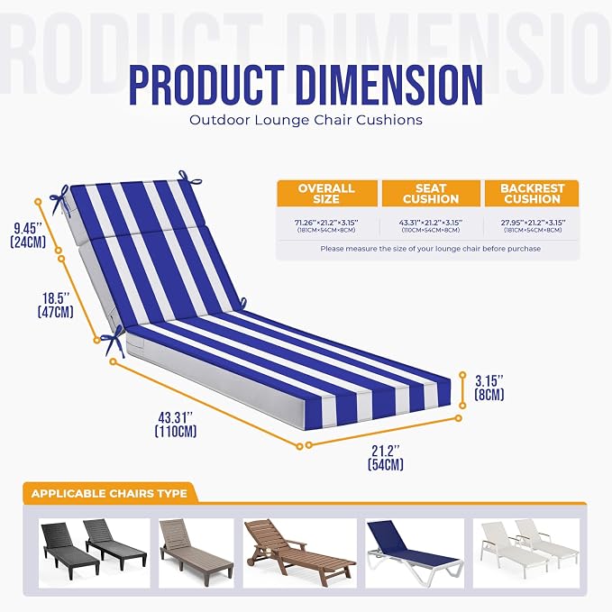 Waterproof Chaise Lounge Cushions, ​Navy and White Stripes​ - Image 2
