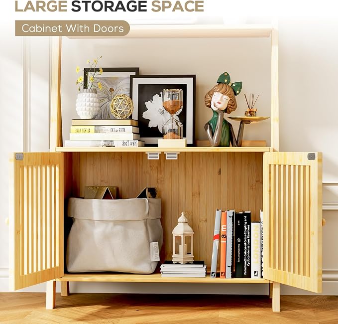 Bookcase with Drawers, 4-Tier Bamboo Bookshelf Ladder Shelf with 6 Hooks - Image 4