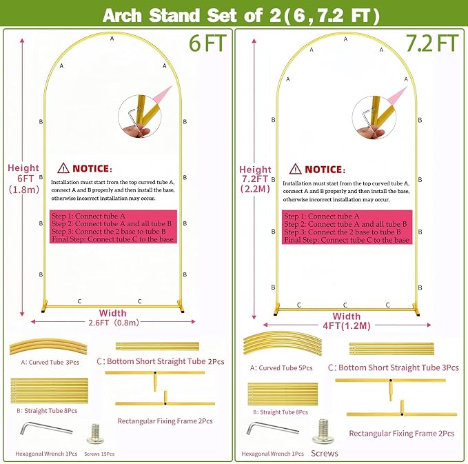 Metal Arch Backdrop Stand 7.2FT+6FT Wedding Arch Backdrop Stand Set of 2 Gold - Image 8
