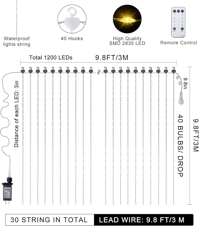 ZAIYW 1200 LED Curtain Lights 10x10Ft, Plug in Fairy Curtain Lights - Image 7
