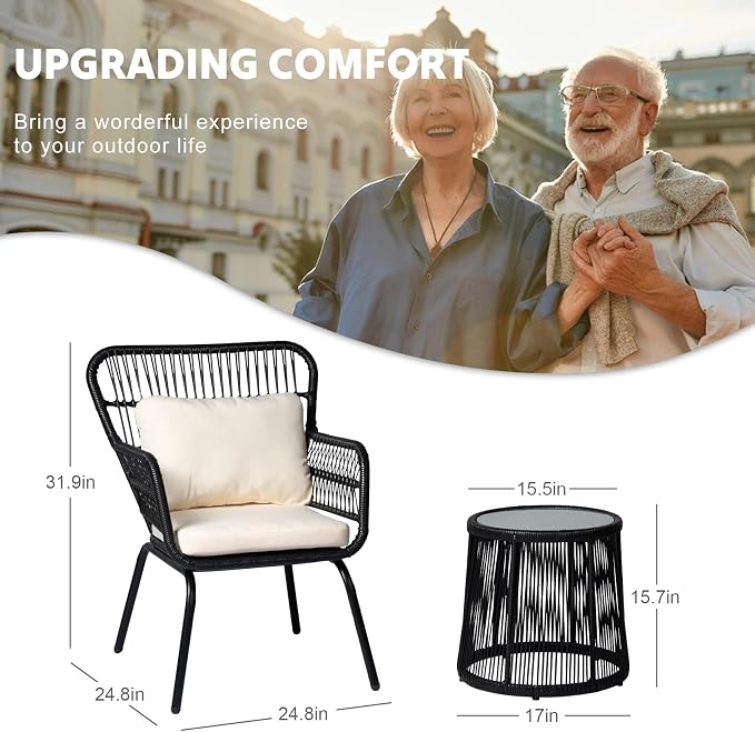 3 Piece Outdoor Wicker Furniture Bistro Set, Rattan Chairs Conversation Sets - Image 5
