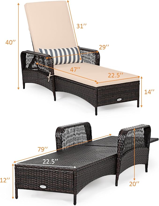 Tangkula Wicker Chaise Lounge Outdoor, Patio Rattan Reclining Chaise - Image 3