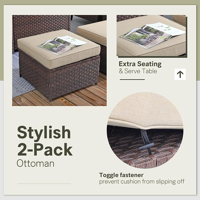SUNSITT Outdoor Patio Ottoman Set of 2, All Weather Rattan Outdoor Ottoman Set - Image 5