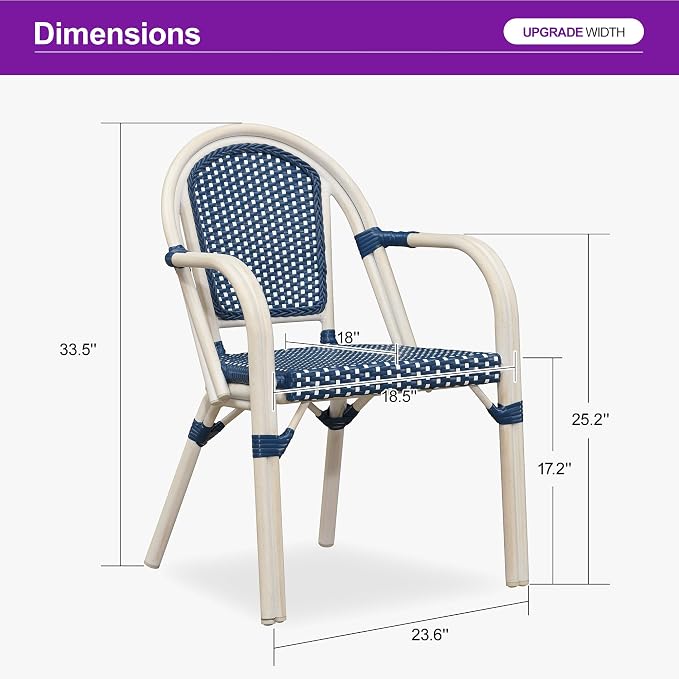 PURPLE LEAF French Bistro Chairs Set of 2 Aluminum Wicker Rattan Hand-Woven - Image 3