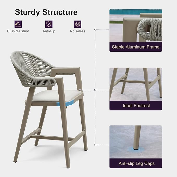 PURPLE LEAF Outdoor Counter Height Bar Stool Set of 2 Rattan Bar Chair - Image 5
