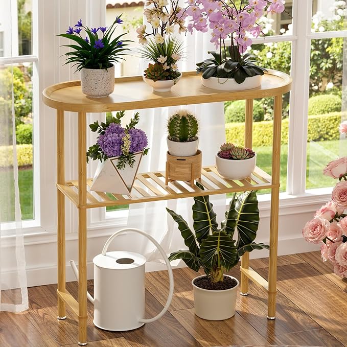 Small Entryway Table Bamboo 30.7", Narrow Hallway Table Oval Top 2-tier - Image 7