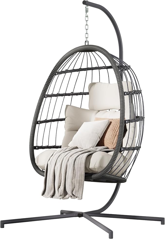 HWB Hanging Egg Chair with Stand, Patio Wicker Egg Swing Chair with Cushion by HWBEnjoywarmhome