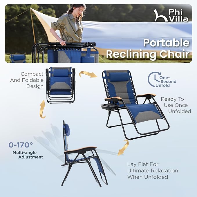 PHI VILLA XXL Oversized Padded Zero Gravity Chair Set of 2, Foldable Patio - Image 7