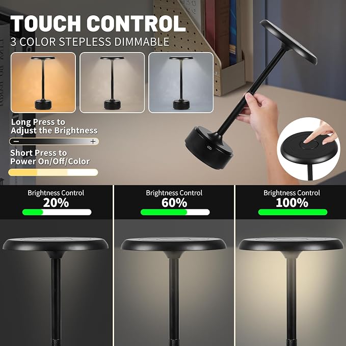 5200mAh Rechargeable Cordless LED Table Lamps Touch Sensor Light, 3-Levels - Image 2