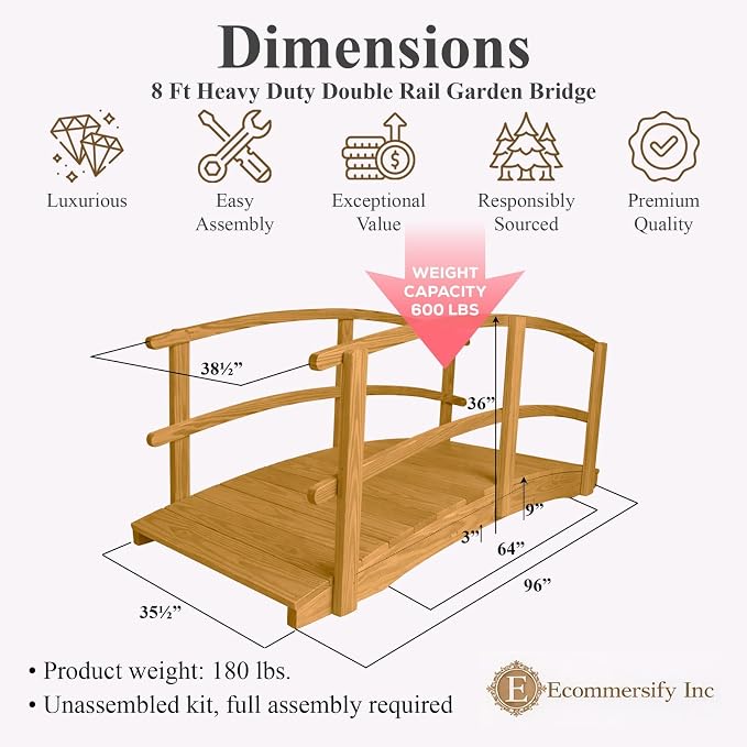 8 FT Oak Amish Made Garden Bridge - Image 2