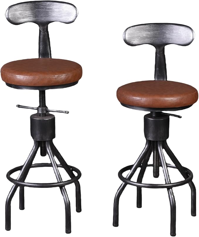 Set of 2 Industrial Leather Bar Stools-Adjustable Swivel Metal Bar Stool-24-30 - Image 3