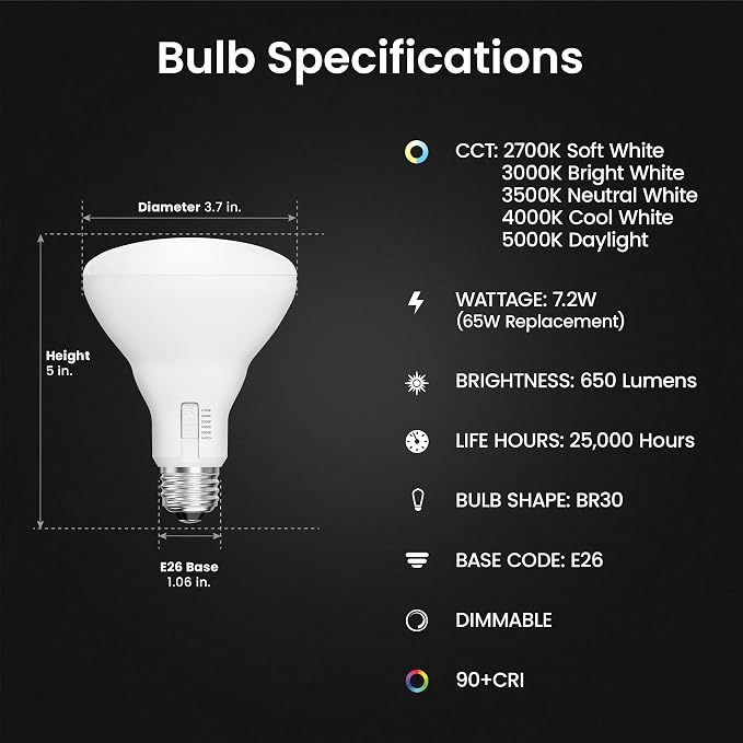 Feit Electric BR30 LED Light Bulb, 65W Equivalent, 650 Lumens, 5-Color - Image 2
