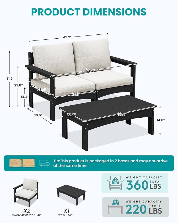 SERWALL 3 Pieces Patio Conversation Set, All-Weather HDPE Outdoor Sofas - Image 2
