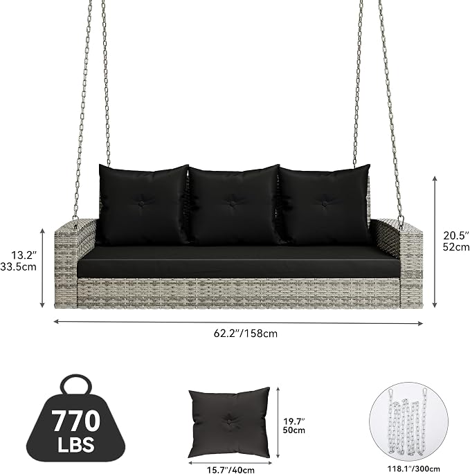 YITAHOME 3-Seats Outdoor Hanging Porch Swing Chair Rattan Black Wicker Patio - Image 2