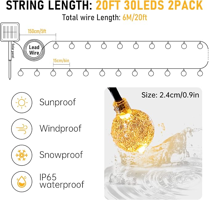 2-Pack 30 LED 20FT Solar String Lights Outdoor, Crystal Globe Lights - Image 4