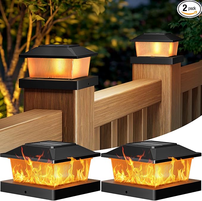 btfarm 4x4 Solar Flame Post Cap Lights Outdoor, 2 Pack Flickering Flame Deck by btfarmdecorativelighting