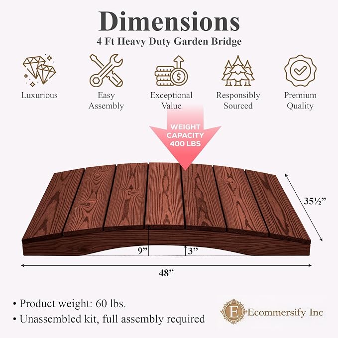 4 FT MAHOGANY Amish Made Pinewood Heavy Duty Garden Bridge - Image 2