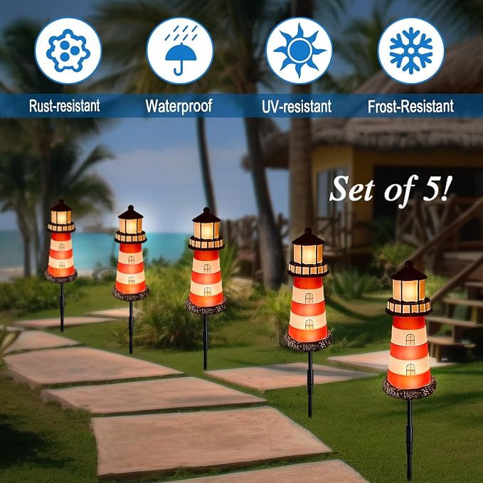5 Pack Lighthouse Gifts, Hokfirm Solar Garden Lights Outdoor Garden Stake - Image 3