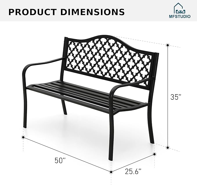 MFSTUDIO 50" Black Outdoor Metal Garden Bench, Cast Iron Frame Patio Furniture - Image 3