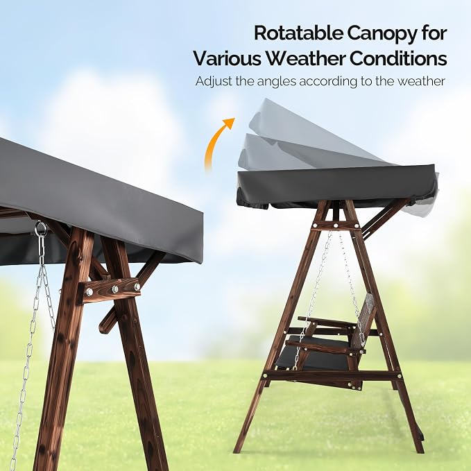 VINGLI Porch Swing with Stand, Wooden Swing & Stand with Canopy, Hanging Swing - Image 5