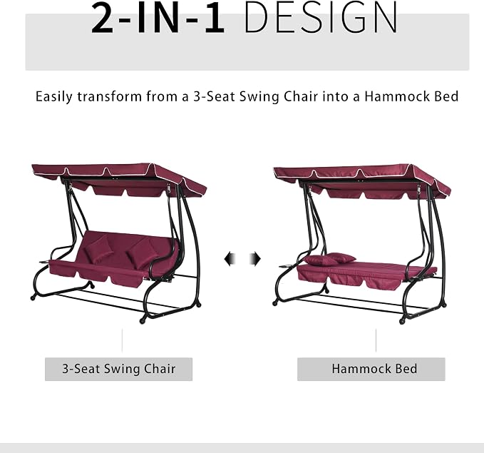 Outsunny 3-Seat Outdoor Patio Swing Chair, Converting Flatbed, Outdoor Swing - Image 3