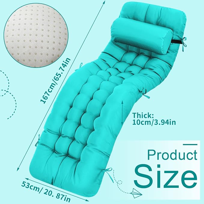 Tudomro 2 Pcs Peacock Blue 66'' Outdoor Chaise Lounge Cushion Waterproof Patio - Image 2