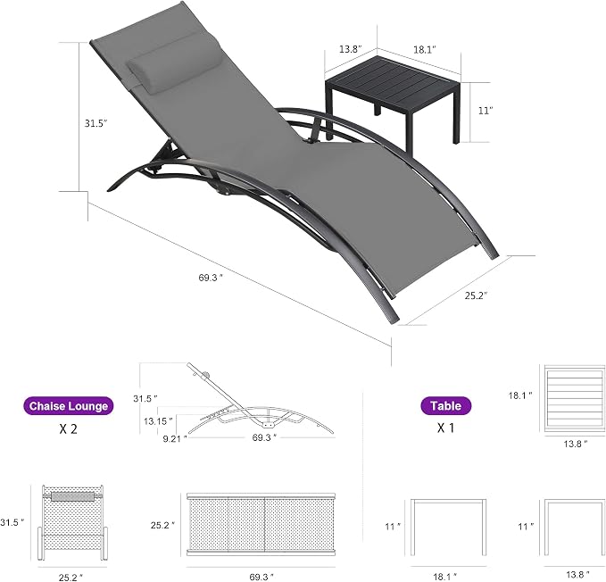 PURPLE LEAF Patio Chaise Lounge Set of 3 Outdoor Lounge Chair Beach Pool - Image 2