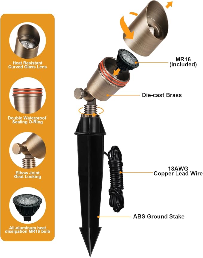 PARTPHONER Solid Brass Low Voltage Landscape Lighting, Wired 12V LED Landscape - Image 5