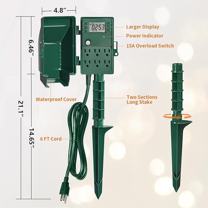 SURAIELEC Outdoor Power Stake, 7-Day Programmable Digital Timer, Power Strip - Image 7