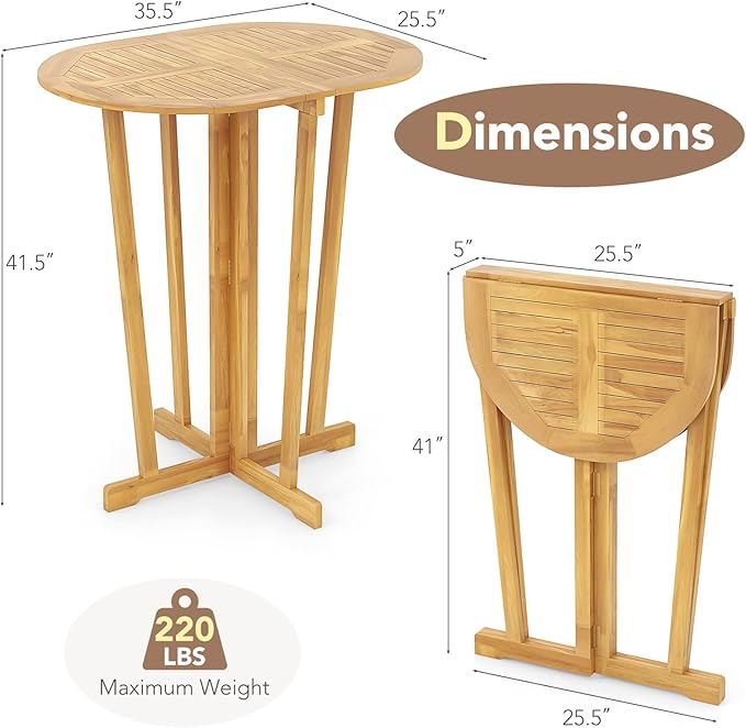 Tangkula Outdoor Teak Wood Bar Table Folding, Patio Bar Height Oval Table - Image 3