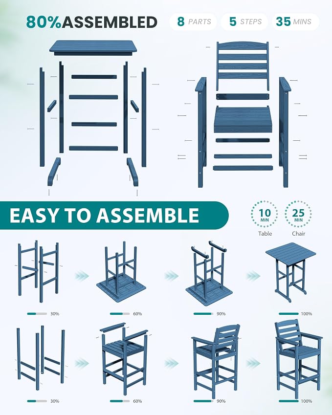 SERWALL 5-Piece Adirondack Bar Chair Set, HDPE Adirondack Barstools - Image 6