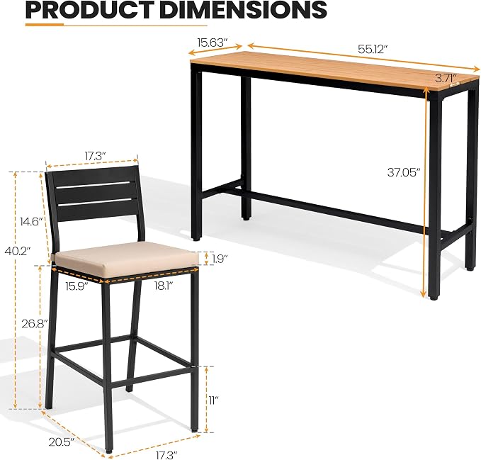 Crestlive Products Outdoor Bar Table and Chairs Set, 3 Piece Outside Patio Bar - Image 2